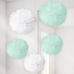 Baby Wishes White & Mint Pom Poms (5Pk)<Party Delights Online