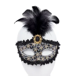 Black Glittery Masquerade Mask With Tall Feather & Gem<Party Delights Hot
