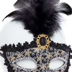 Black Glittery Masquerade Mask With Tall Feather & Gem<Party Delights Hot