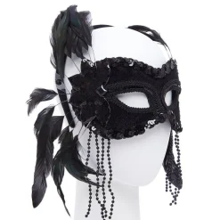 Black Masquerade Mask With Feathers & Beads<Party Delights Clearance