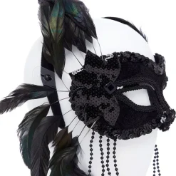 Black Masquerade Mask With Feathers & Beads<Party Delights Clearance