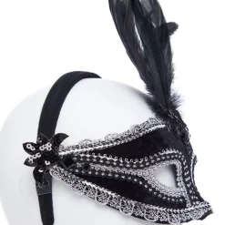 Black Velvet Masquerade Mask With Feathers<Party Delights Sale