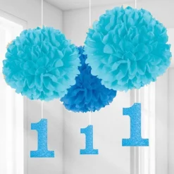 Boy's 1St Birthday Pom Pom Decorations - 40Cm (3Pk)<Party Delights Online