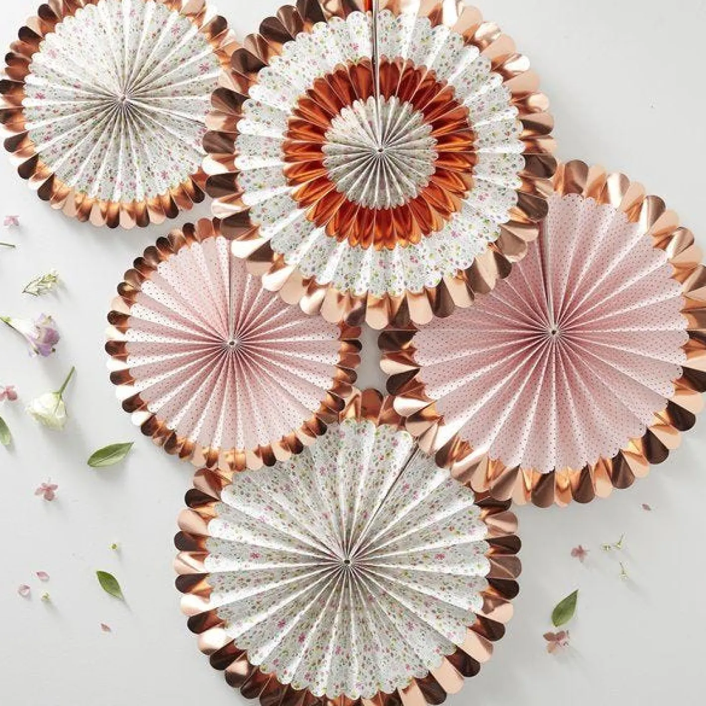 Ditsy Floral Rose Gold Foiled Fan Decorations - 38Cm (5Pk)<Party Delights Sale