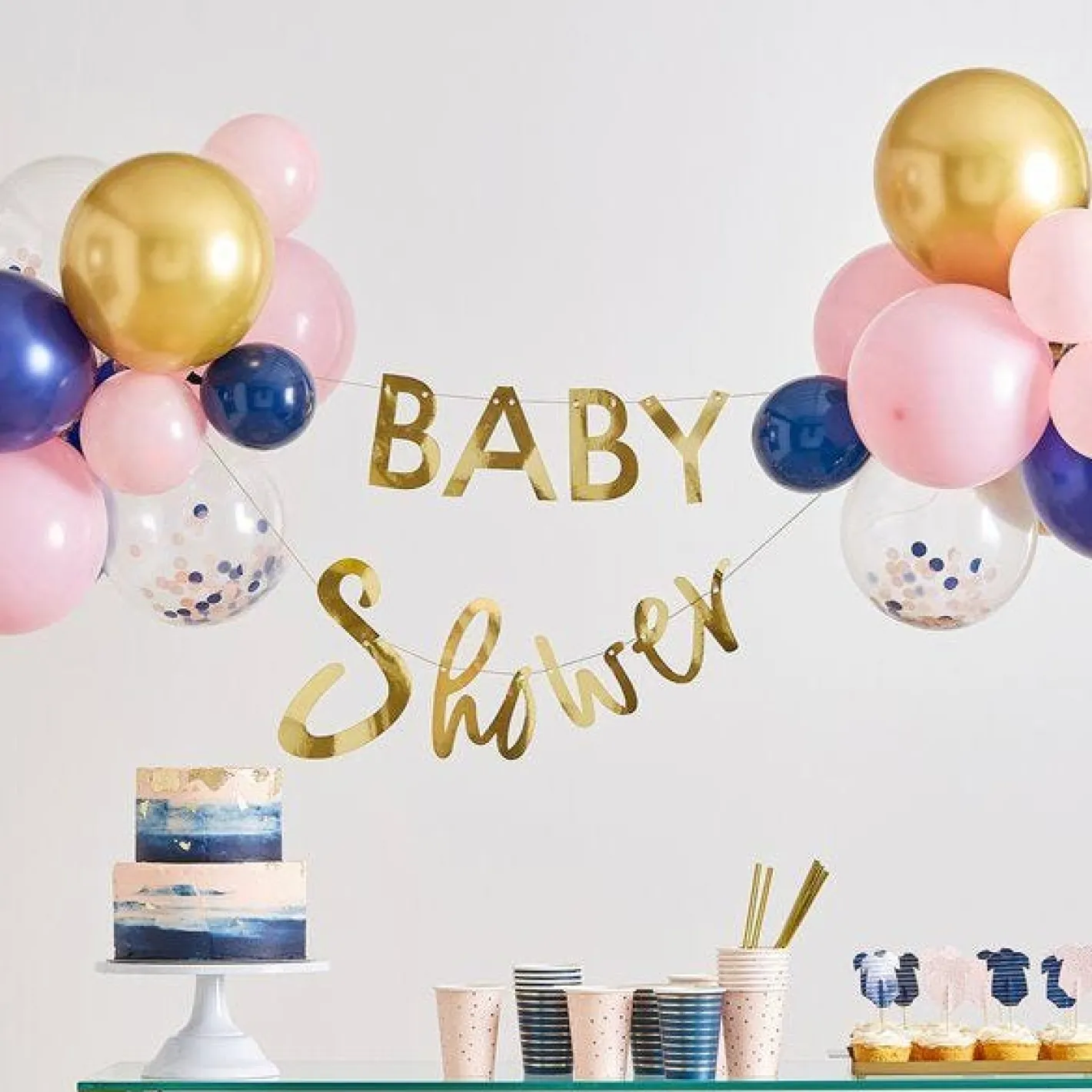 Gender Reveal Gold Baby Shower Balloon & Bunting Kit<Party Delights