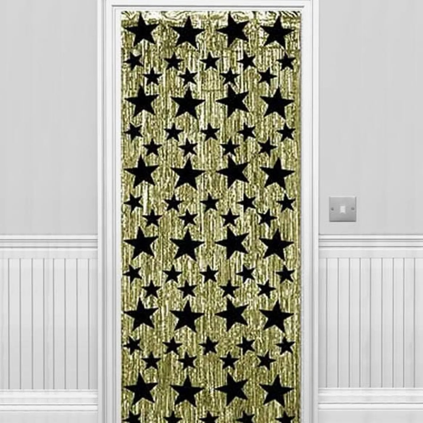 Gold With Black Stars Metallic Foil Curtain - 2.4M<Party Delights Outlet