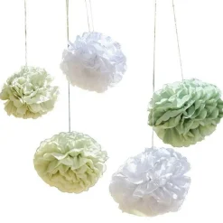 Green And White Paper Pom Pom Decorations (5Pk)<Party Delights Hot