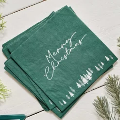 Party Delights Tableware<Green Merry Christmas Paper Napkins - 33Cm (16Pk)