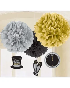 Metallic New Year's Eve Pom Pom Decorations - 40Cm (3Pk)<Party Delights Discount