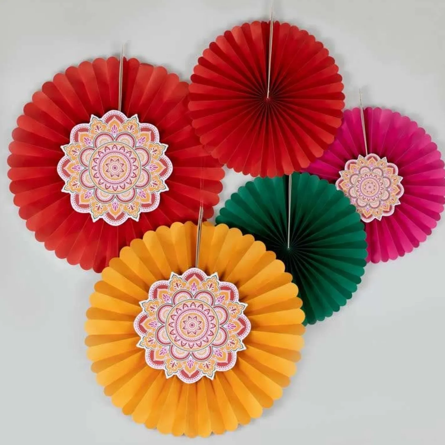 Multicoloured Diwali Paper Fan Decorations (5Pk)<Party Delights Clearance