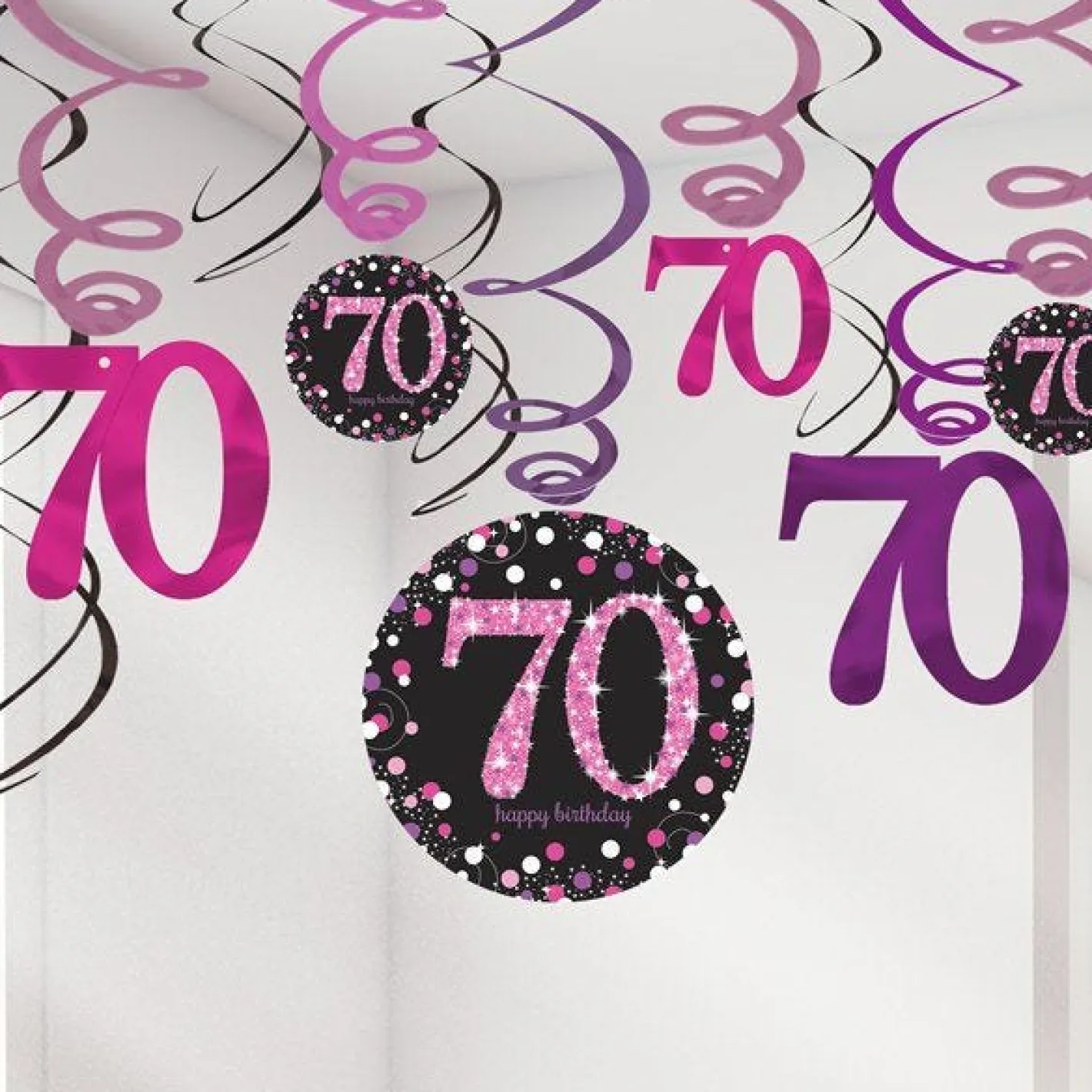 Pink Age 70 Hanging Swirls - 45Cm (12Pk)<Party Delights Sale