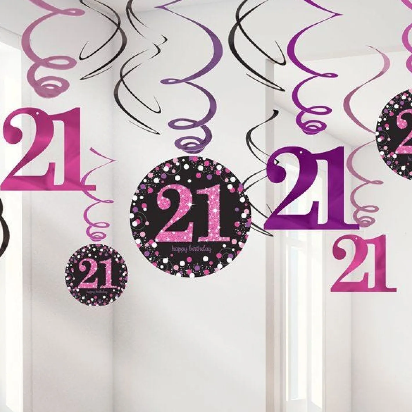 Pink Age 21 Hanging Swirls - 45Cm (12Pk)<Party Delights Hot
