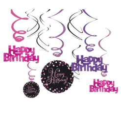 Pink Happy Birthday Hanging Swirls - 45Cm (12Pk)<Party Delights Outlet