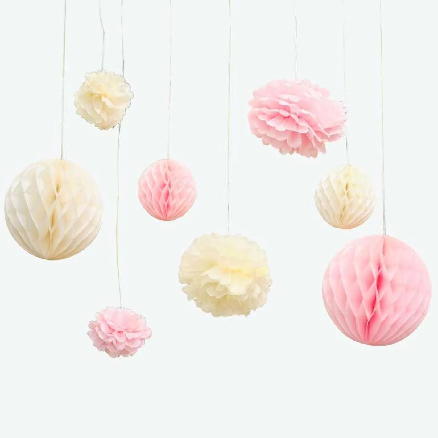Pom Pom & Honeycomb Paper Hanging Decorations (8Pk)<Party Delights Sale