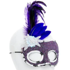 Purple Masquerade Mask With Side Feathers<Party Delights Clearance