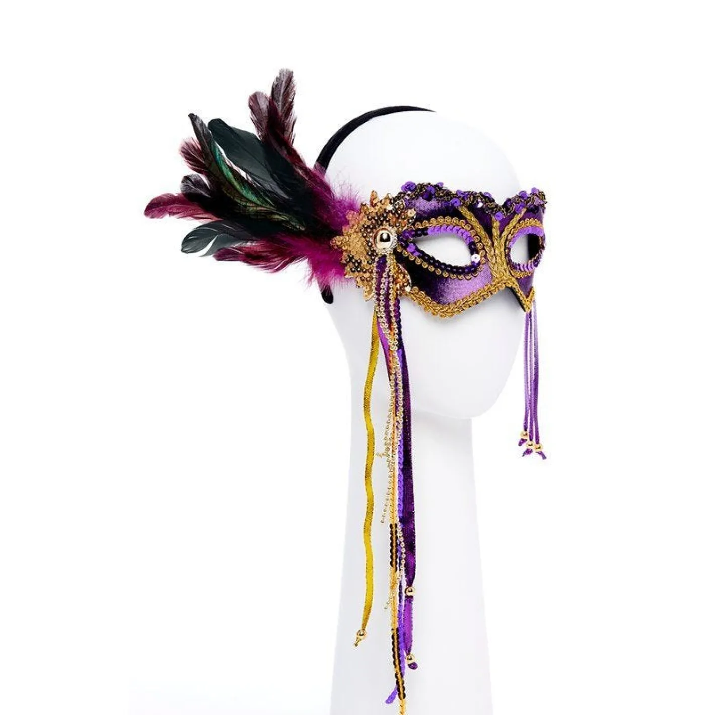 Purple Masquerade Mask With Feathers<Party Delights Clearance