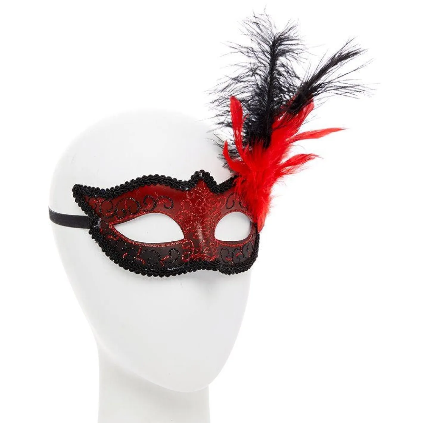 Red Masquerade Mask With Glitter & Feathers<Party Delights New