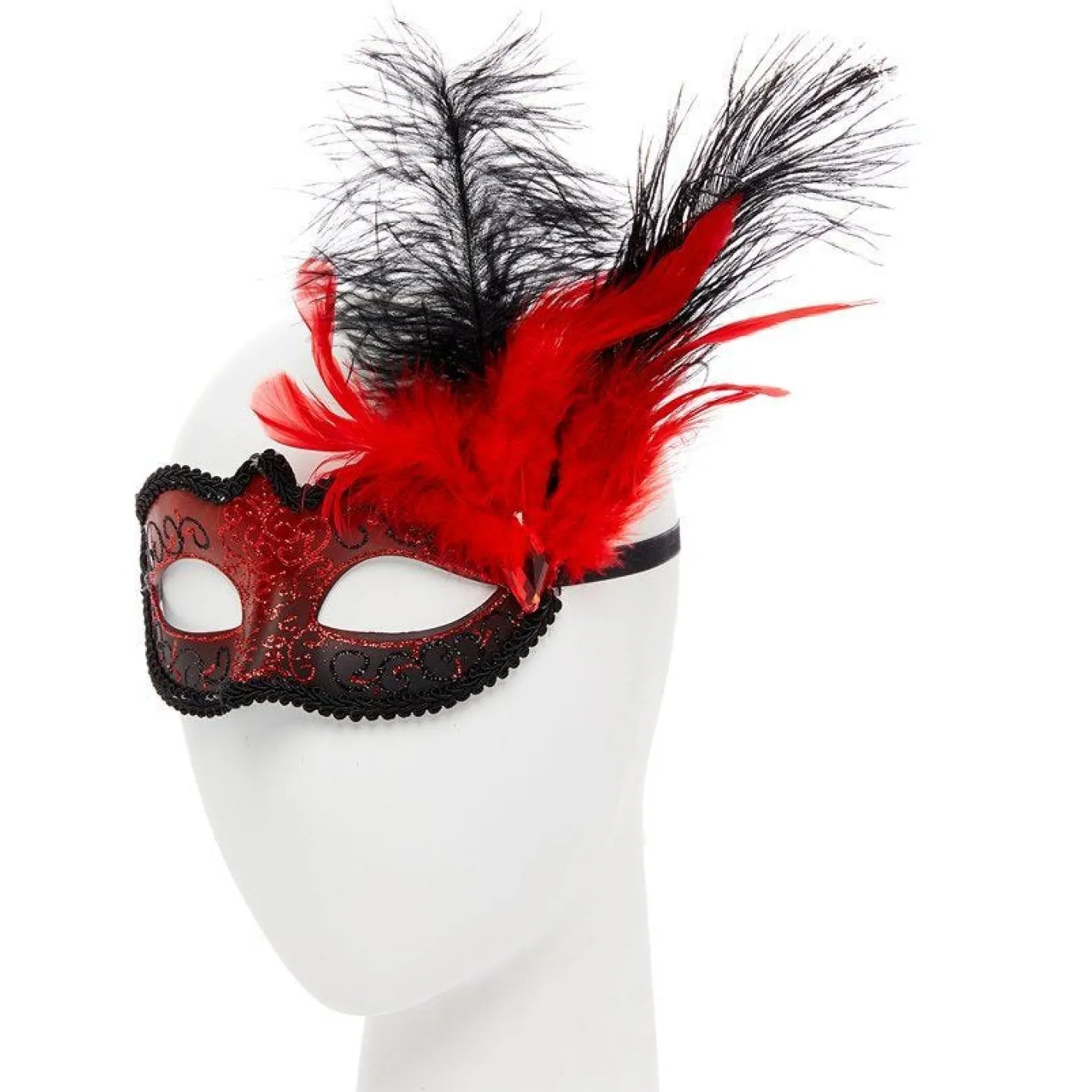 Red Masquerade Mask With Glitter & Feathers<Party Delights New