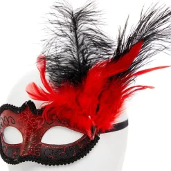 Red Masquerade Mask With Glitter & Feathers<Party Delights New