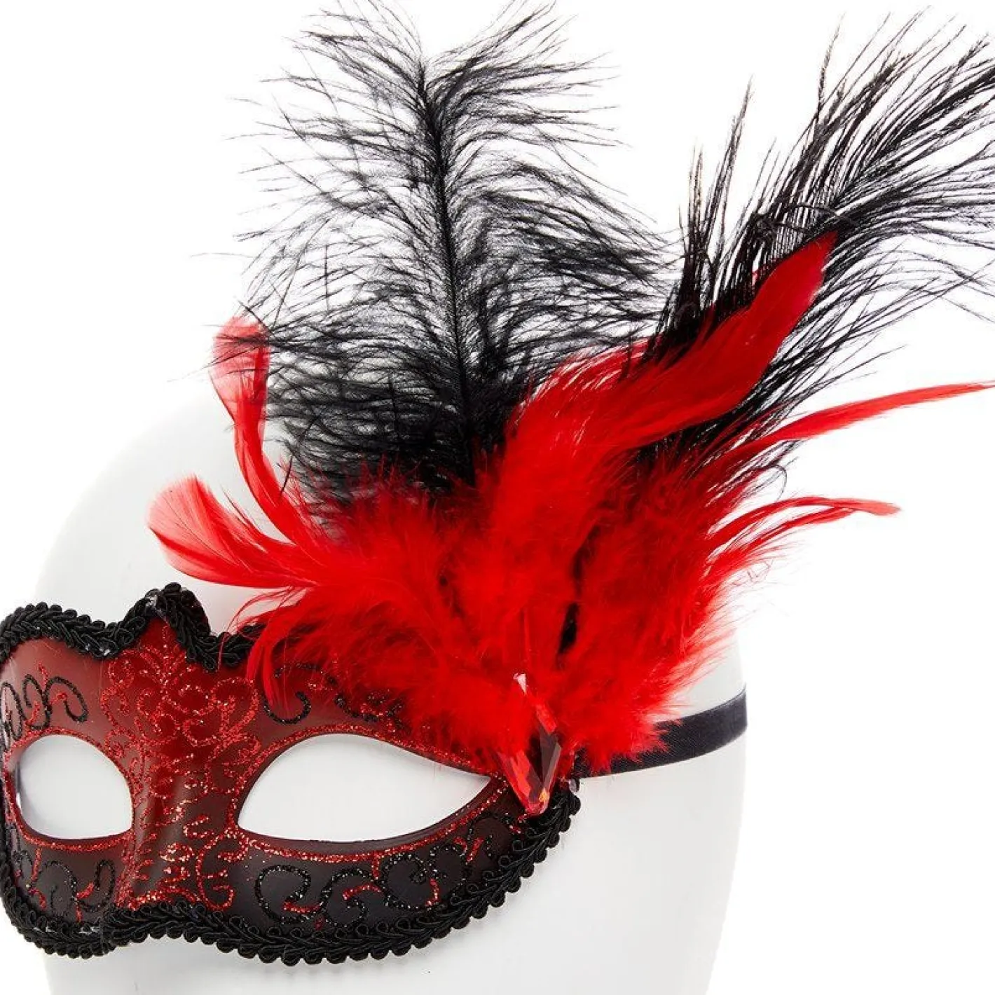 Red Masquerade Mask With Glitter & Feathers<Party Delights New