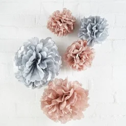 Rose Gold & Grey Paper Pom Pom Decorations (5Pk)<Party Delights Sale