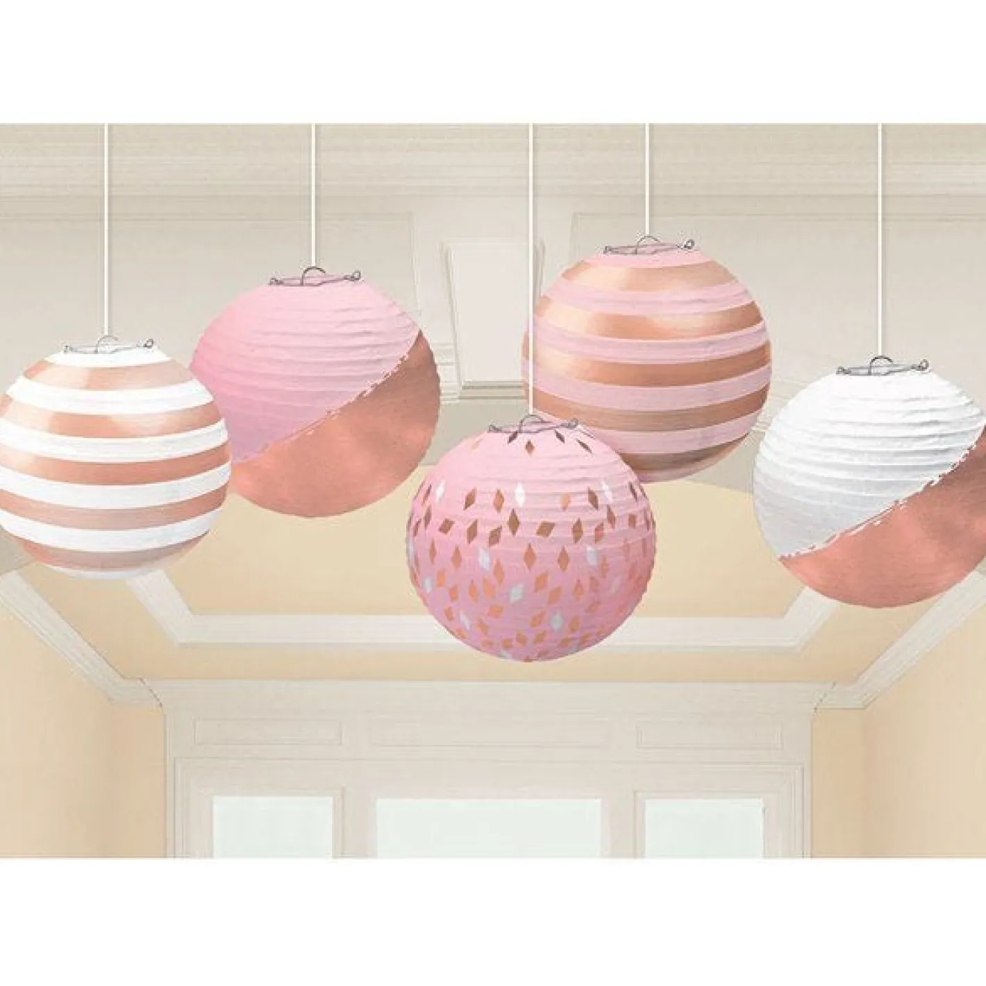 Rose Gold Blush Paper Lantern Decorations - 12Cm (5Pk)<Party Delights Discount