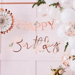 Rose Gold Floral 'Happy Birthday' Paper Banner - 2M<Party Delights Outlet