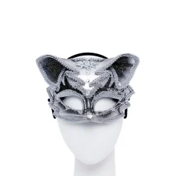 Silver & Black Jewelled Cat Masquerade Mask<Party Delights