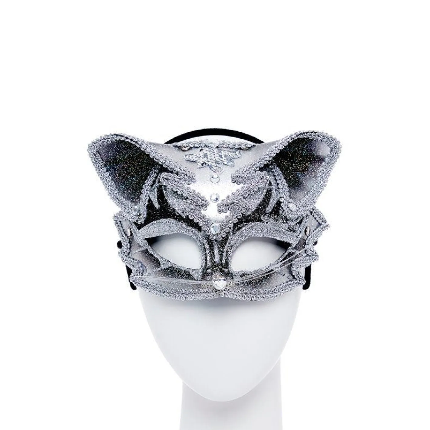 Silver & Black Jewelled Cat Masquerade Mask<Party Delights