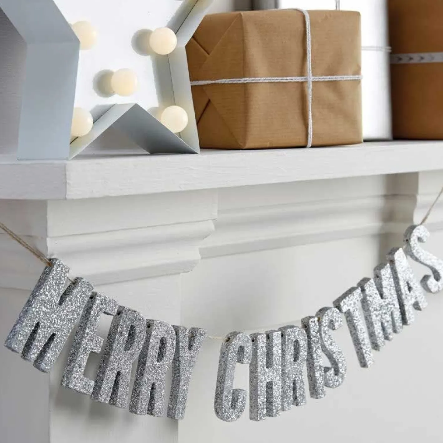Silver Glitter Merry Christmas Wooden Bunting - 70Cm<Party Delights Clearance