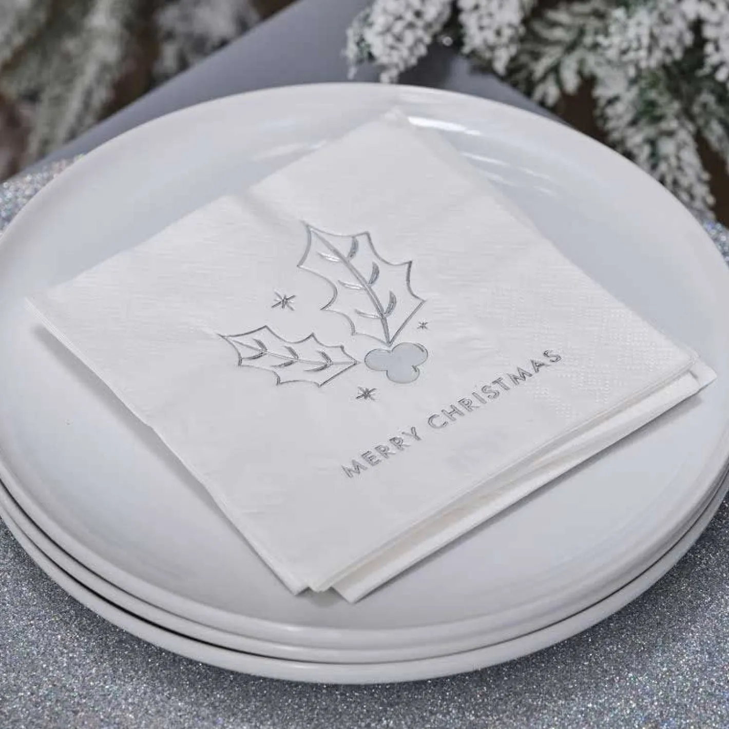 Party Delights Tableware<Silver Holly Merry Christmas Paper Napkins - 25Cm (16Pk)