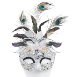 Silver Masquerade Mask With Glitter & Peacock Feathers<Party Delights Online