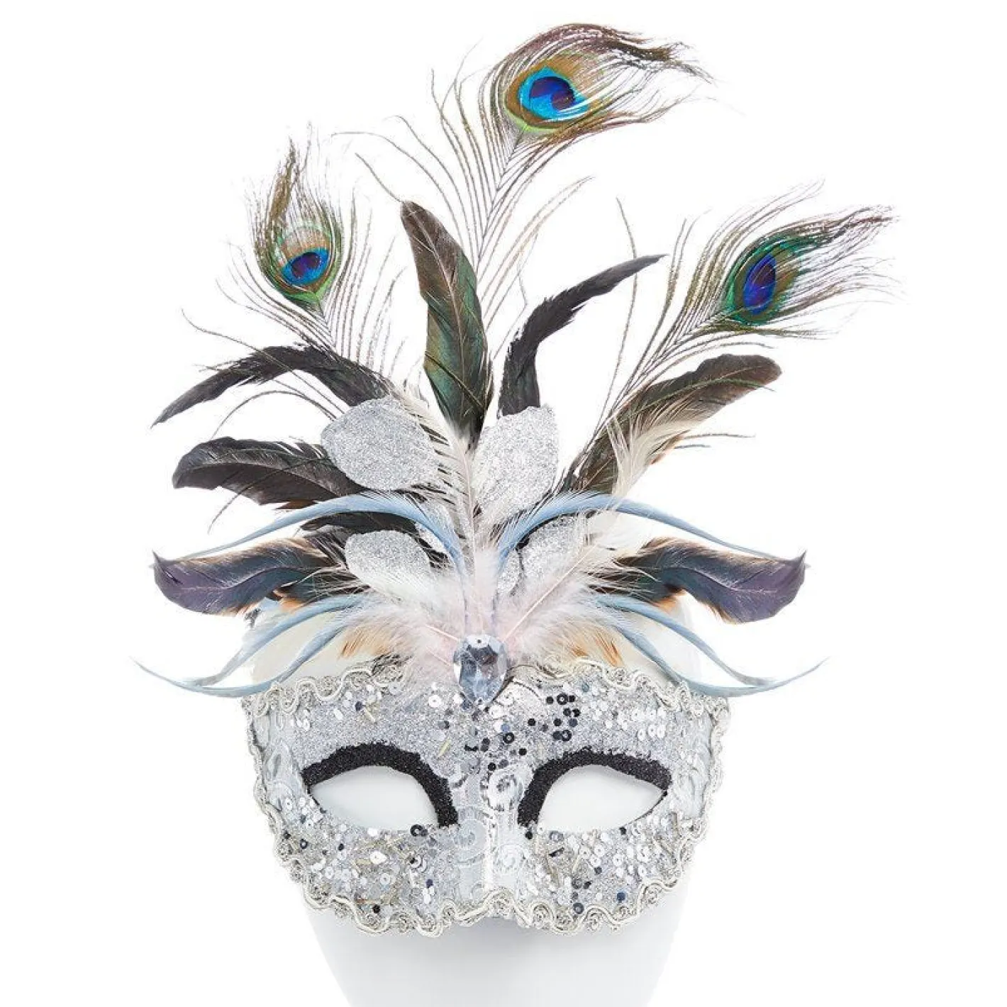 Silver Masquerade Mask With Glitter & Peacock Feathers<Party Delights Online