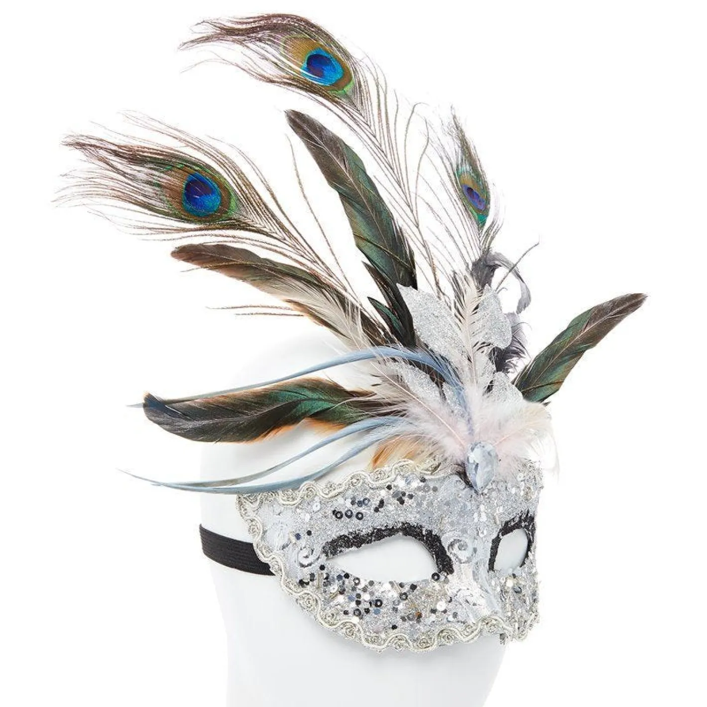 Silver Masquerade Mask With Glitter & Peacock Feathers<Party Delights Online