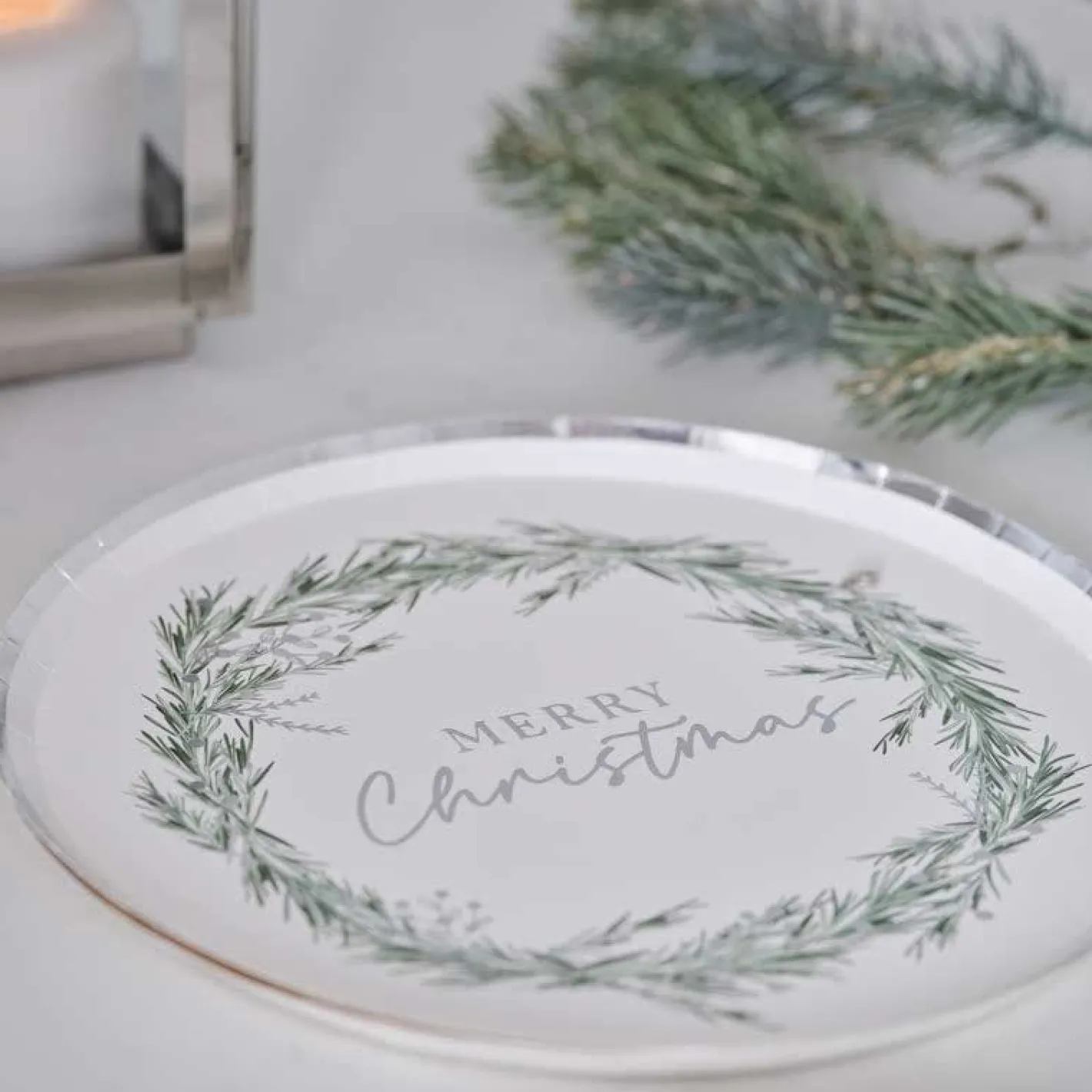 Party Delights Tableware<Silver Wreath Merry Christmas Paper Plates - 25Cm (8Pk)