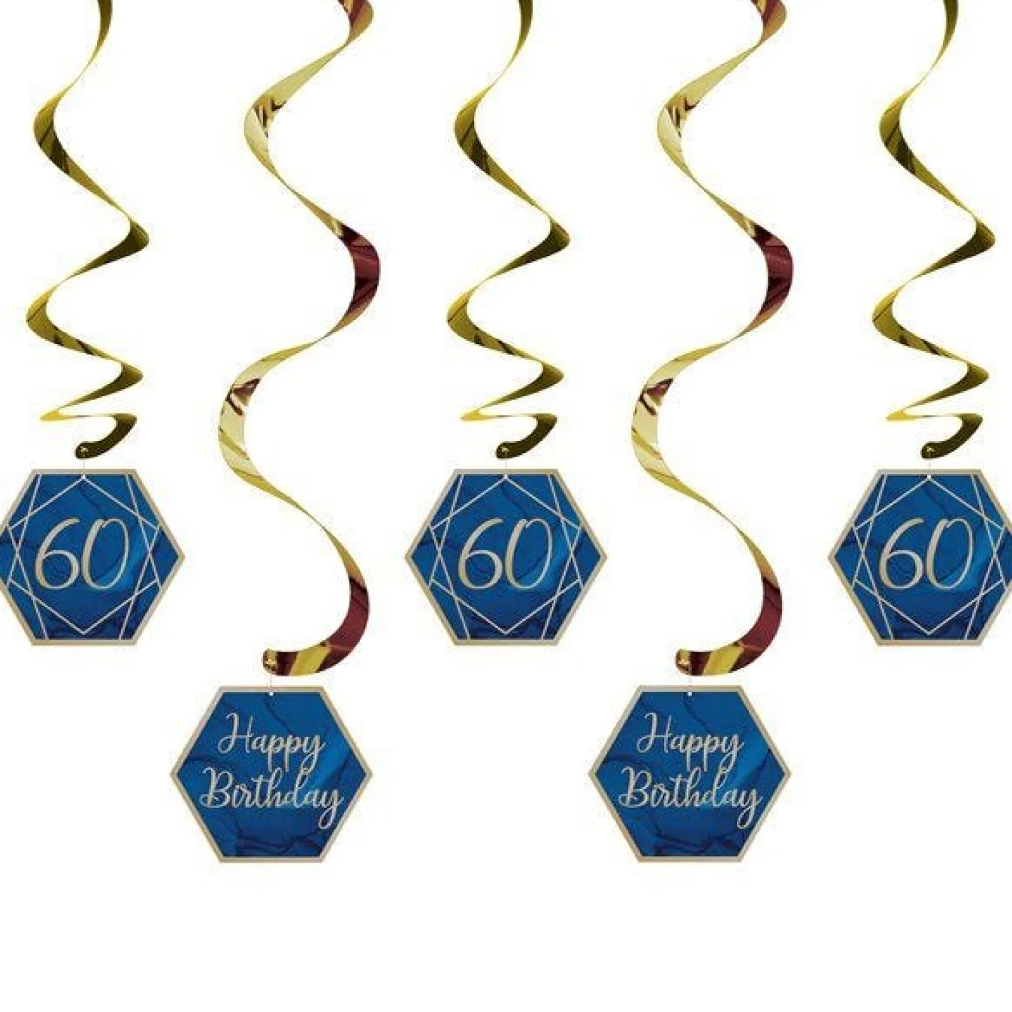 60Th Birthday Navy & Gold Geode Hanging Swirls (6Pk)<Party Delights Clearance