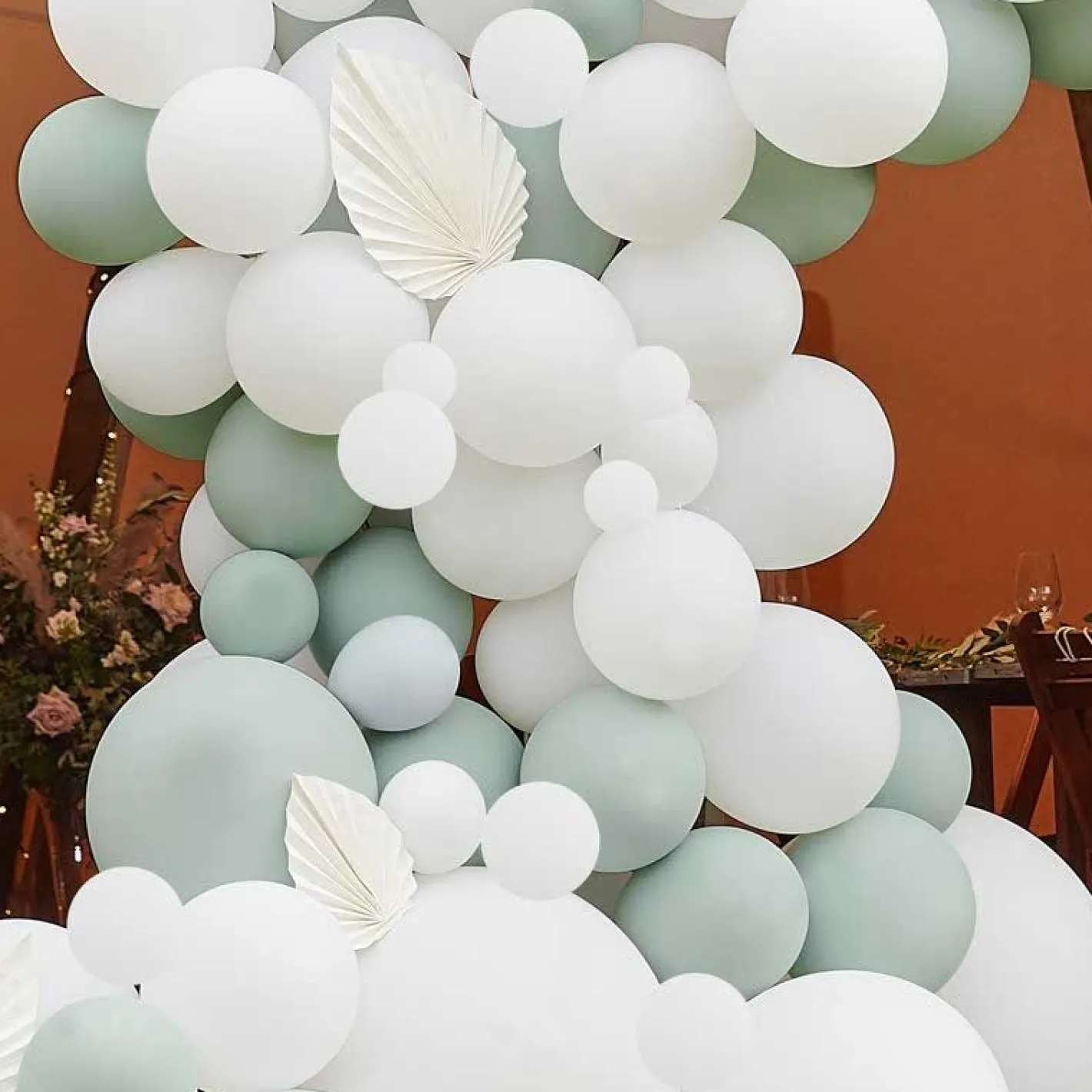 White & Sage Balloon Arch With White Fans - 200 Balloons<Party Delights Best