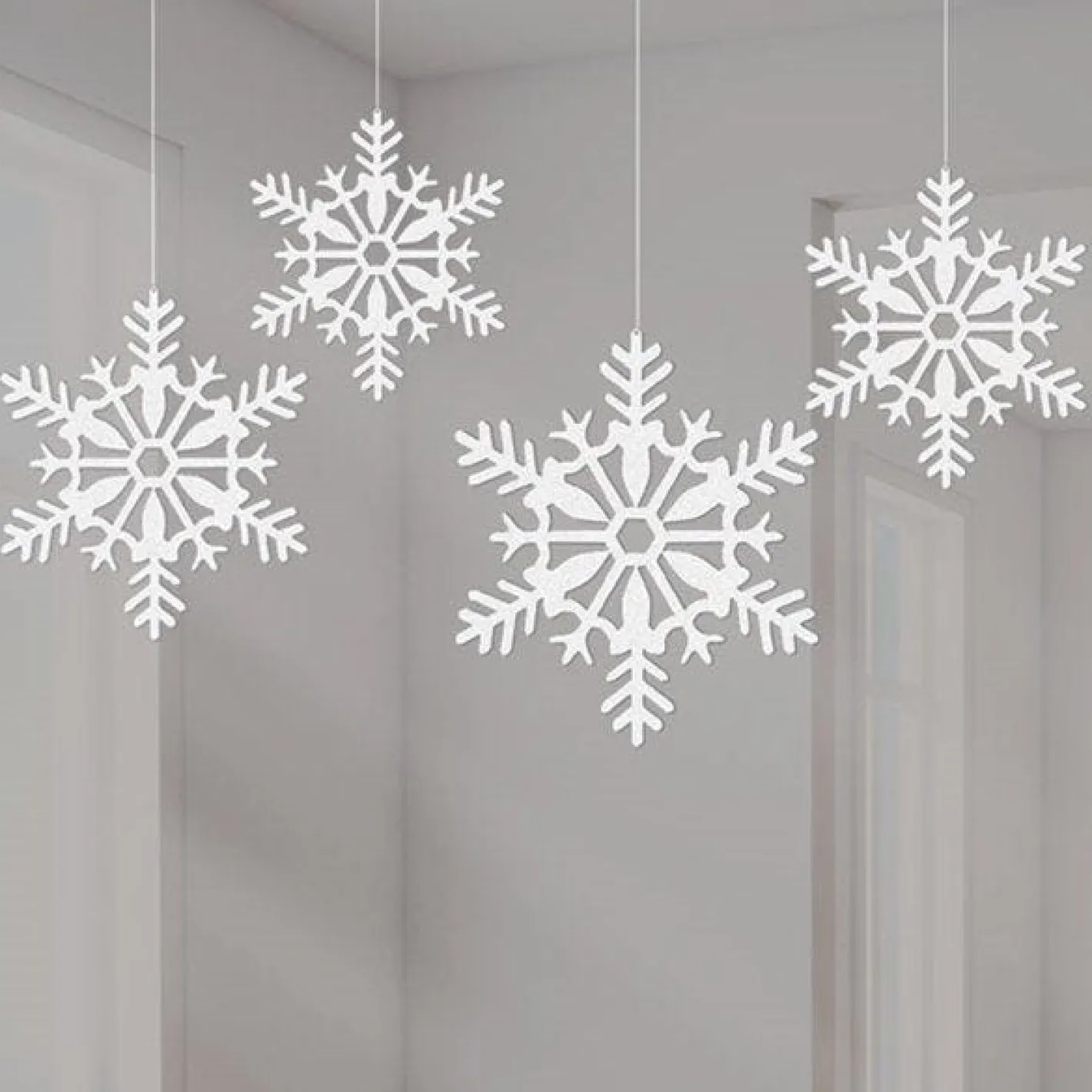 Party Delights Snowflake Decorations<White Glitter Snowflake Hanging Decorations - 10Cm (4Pk)