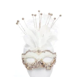 White Masquerade Mask With Sequins, Glitter & Feathers<Party Delights Clearance
