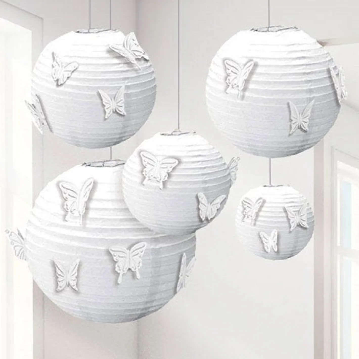 White Paper Lanterns With Butterfly Attachments (5Pk)<Party Delights