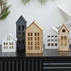 Wooden Light Up Houses Christmas Decorations (5Pk)<Party Delights New